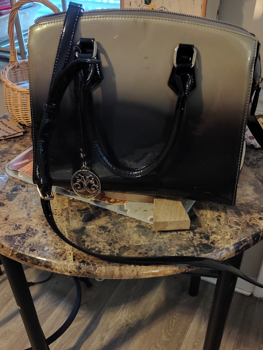 Patent Vieta Ombre Black Tote Bag with Shoulder Strap